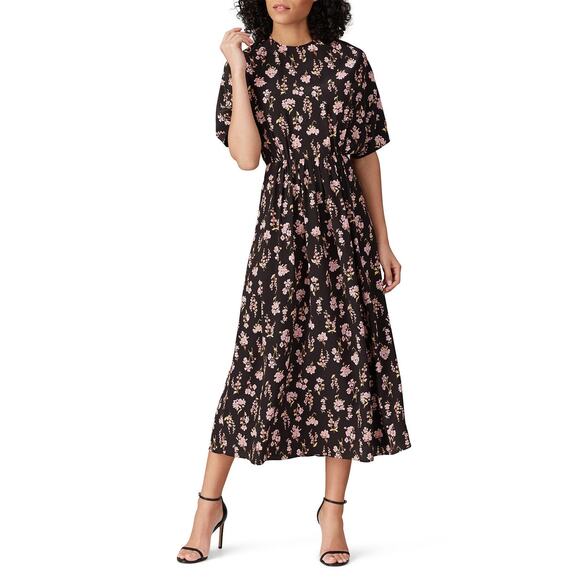 Les Reveries Black Floral Printed Short Sleeve A-Line Silk Midi Dress Size 4 - Picture 1 of 14